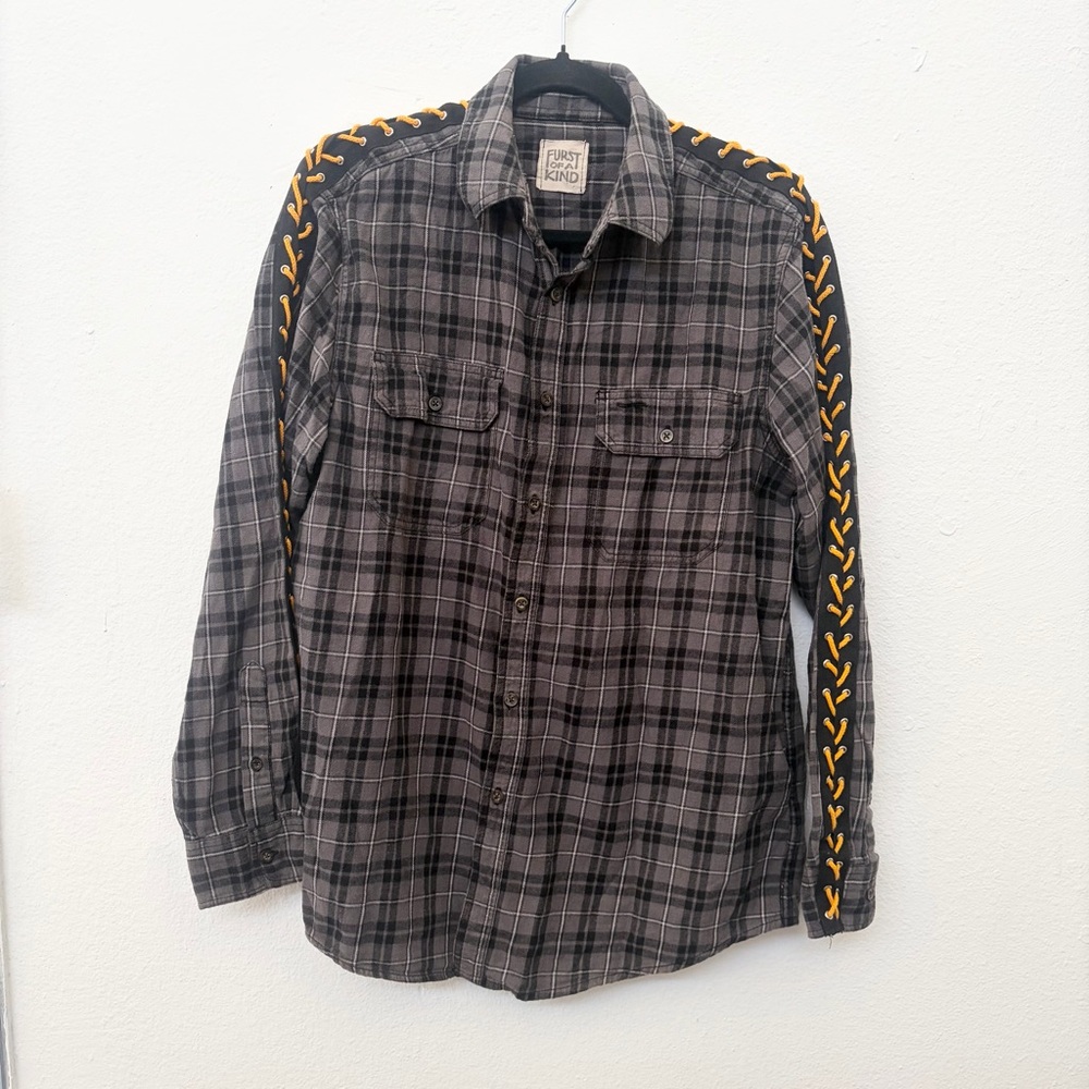 Furst of a Kind Men's Skater Plaid Flannel Shirt with Yellow Laced Sleeve Size M